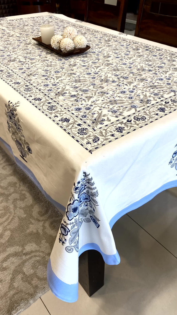 Blue Color Floral Table Cover Cloth 6 Seater Dining Table Rectangular - Table Cover