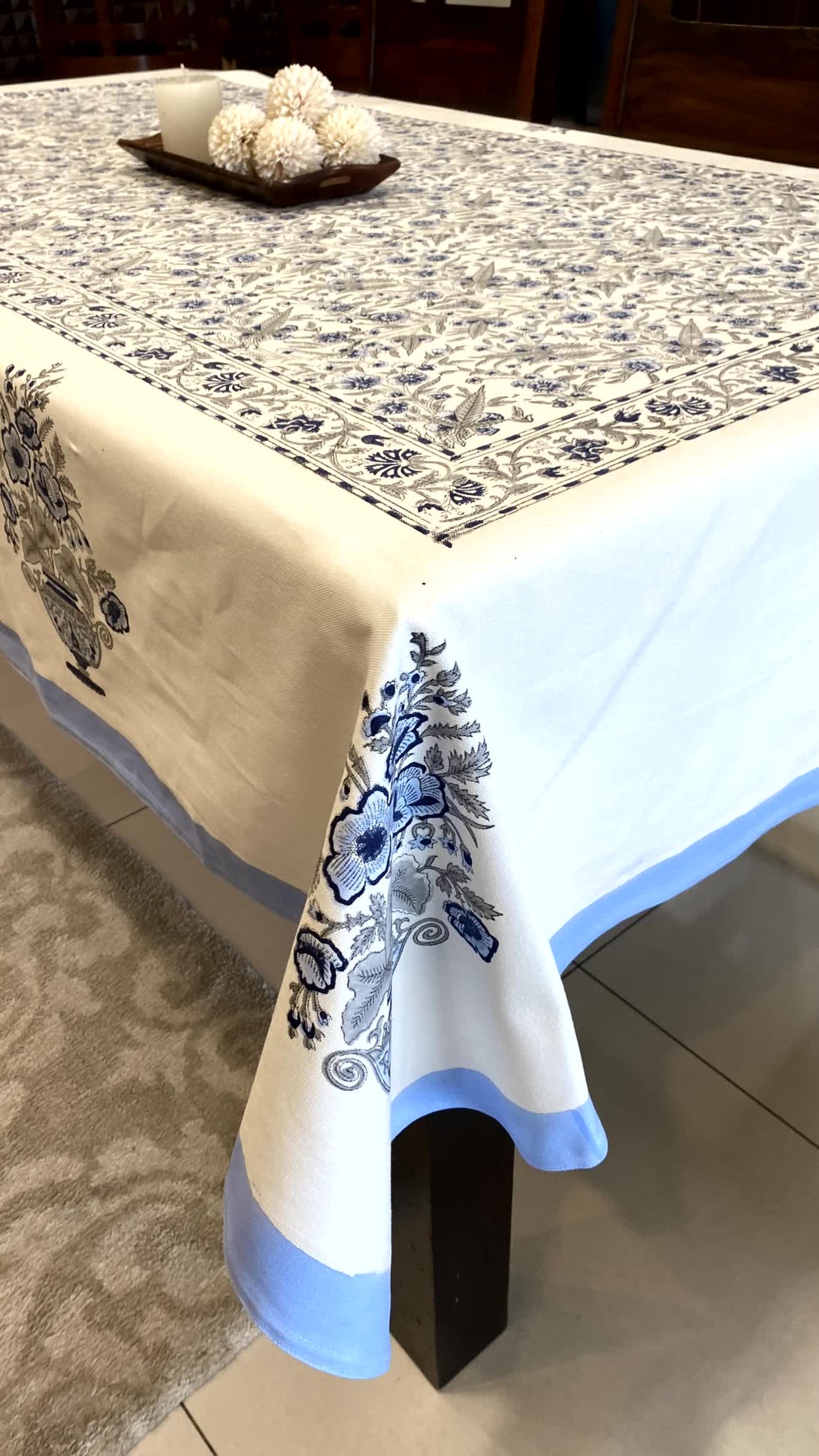 Blue Color Floral Table Cover Cloth 6 Seater Dining Table Rectangular - Table Cover
