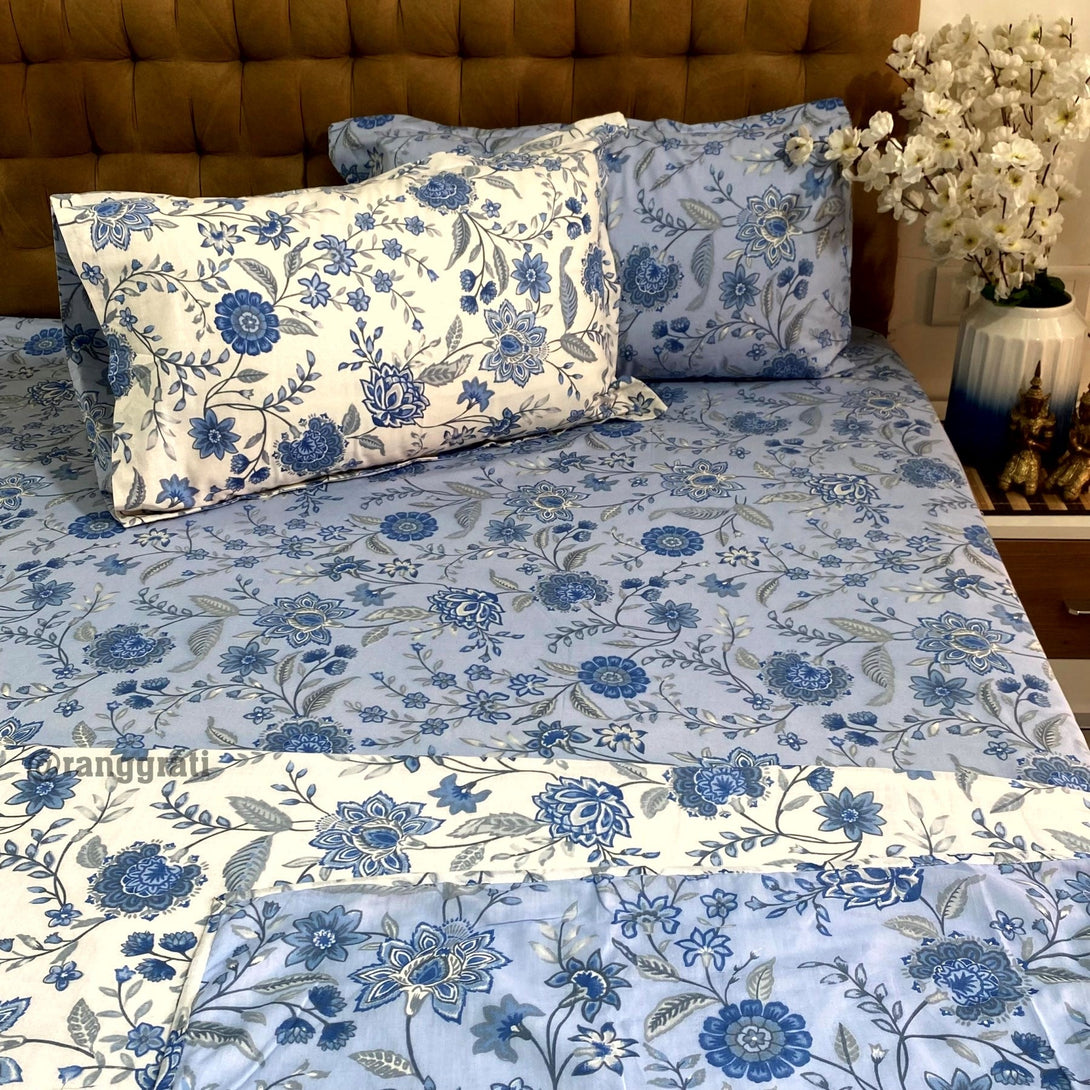 Blue Daisy Floral Bedsheet With Dohar Bedding Set - Bedding Set