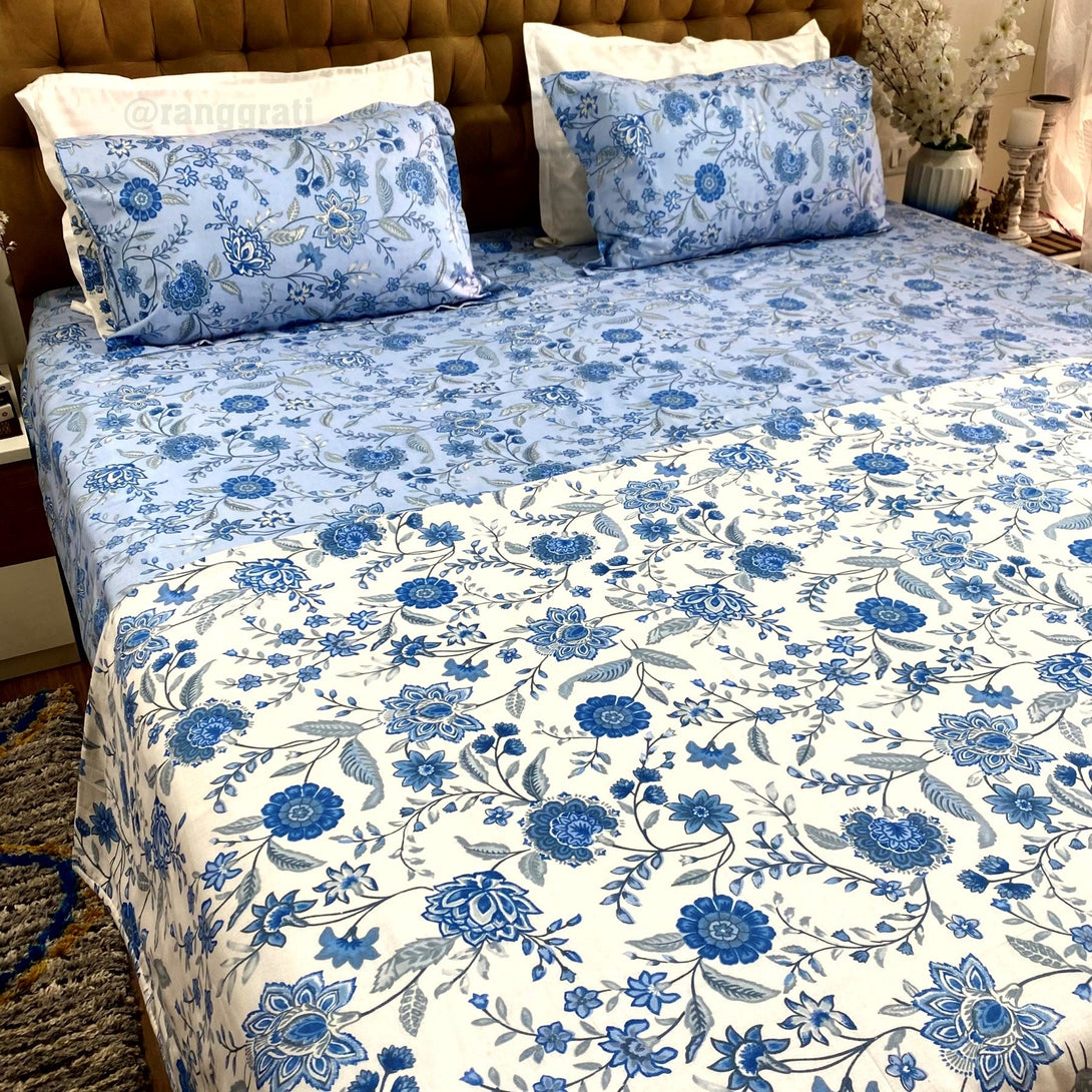 Blue Daisy Floral Bedsheet With Dohar Bedding Set - Bedding Set