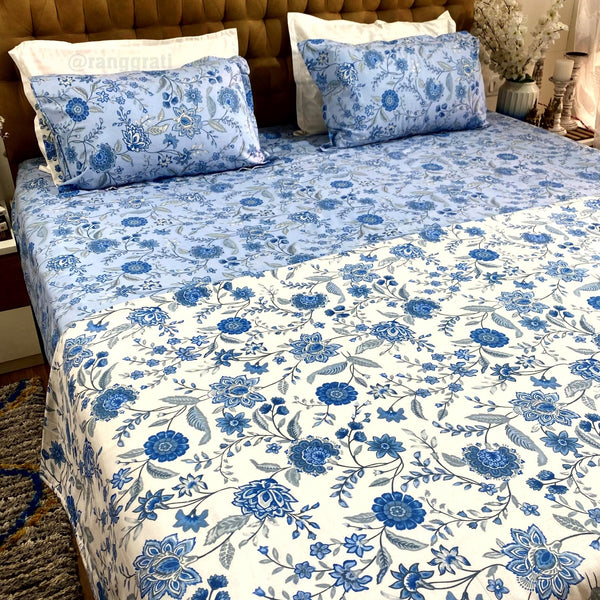 Blue Daisy Floral Bedsheet With Dohar Bedding Set - Bedding Set