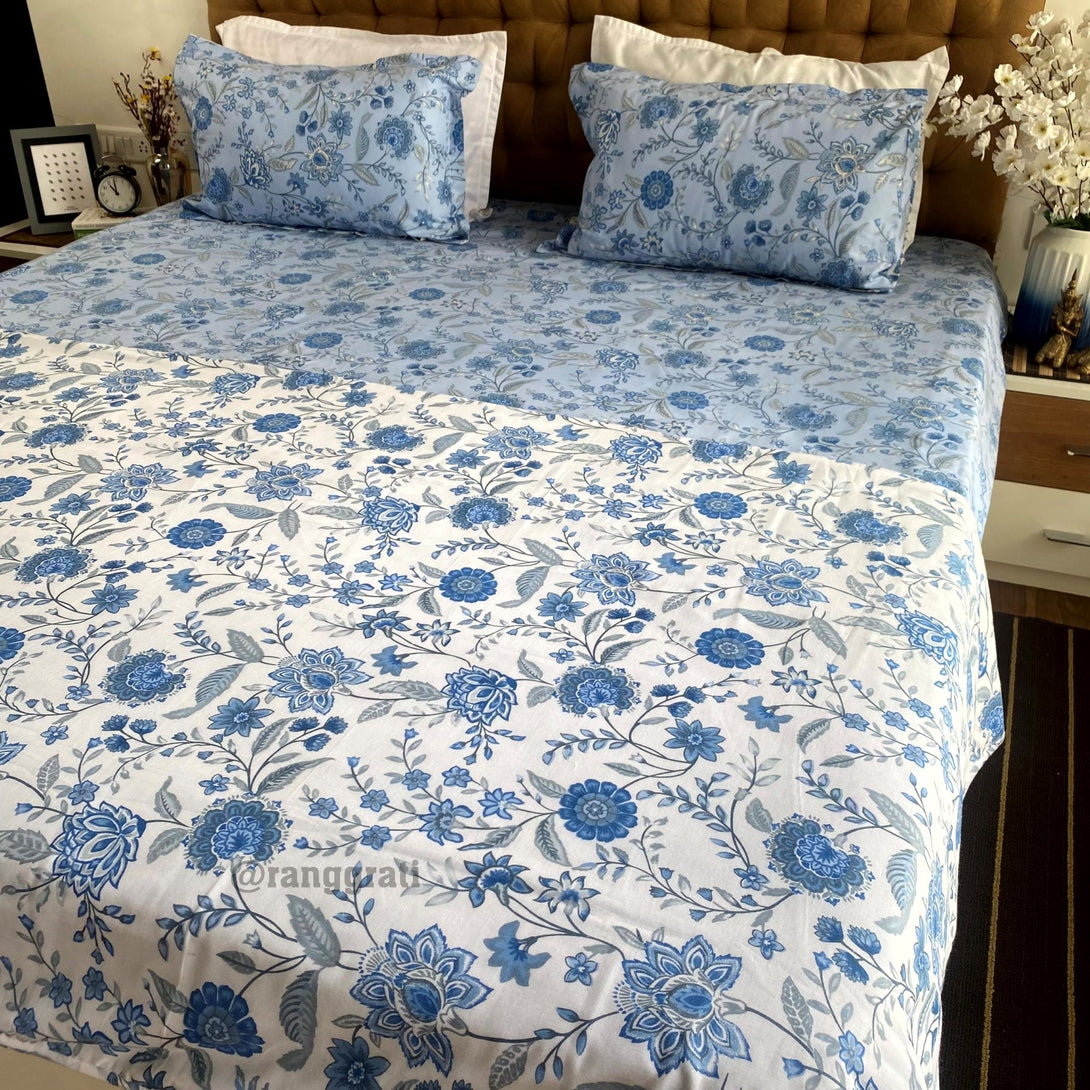 Blue Daisy Floral Bedsheet With Dohar Bedding Set - Bedding Set