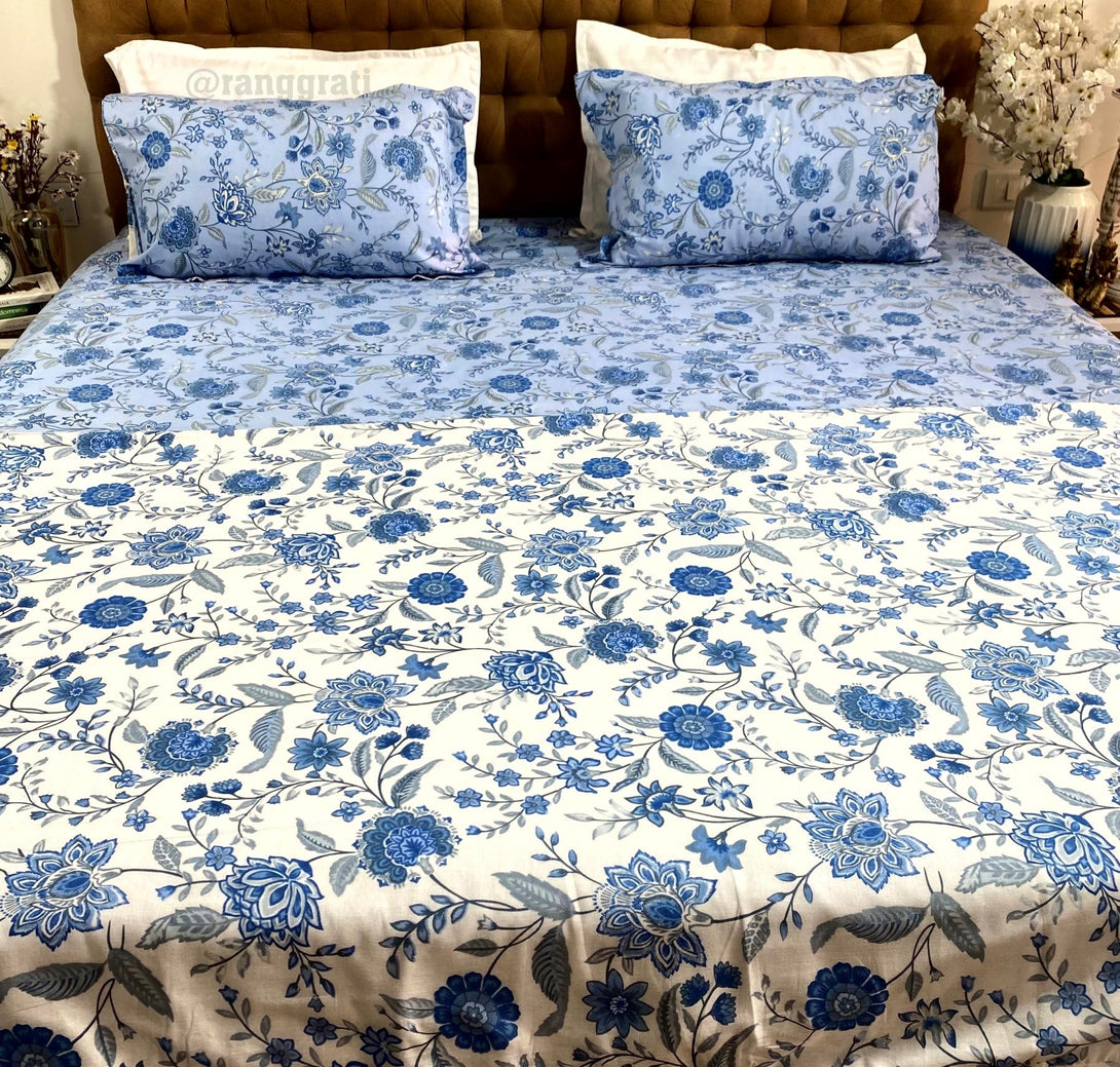 Blue Daisy Floral Bedsheet With Dohar Bedding Set - Bedding Set