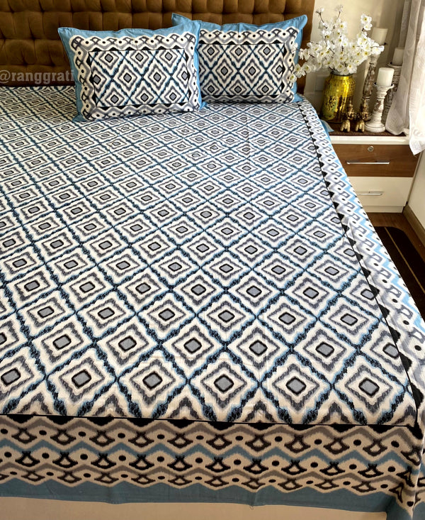 Blue Diamond Boxes Jaipuri Cotton Bedsheet Queen Size