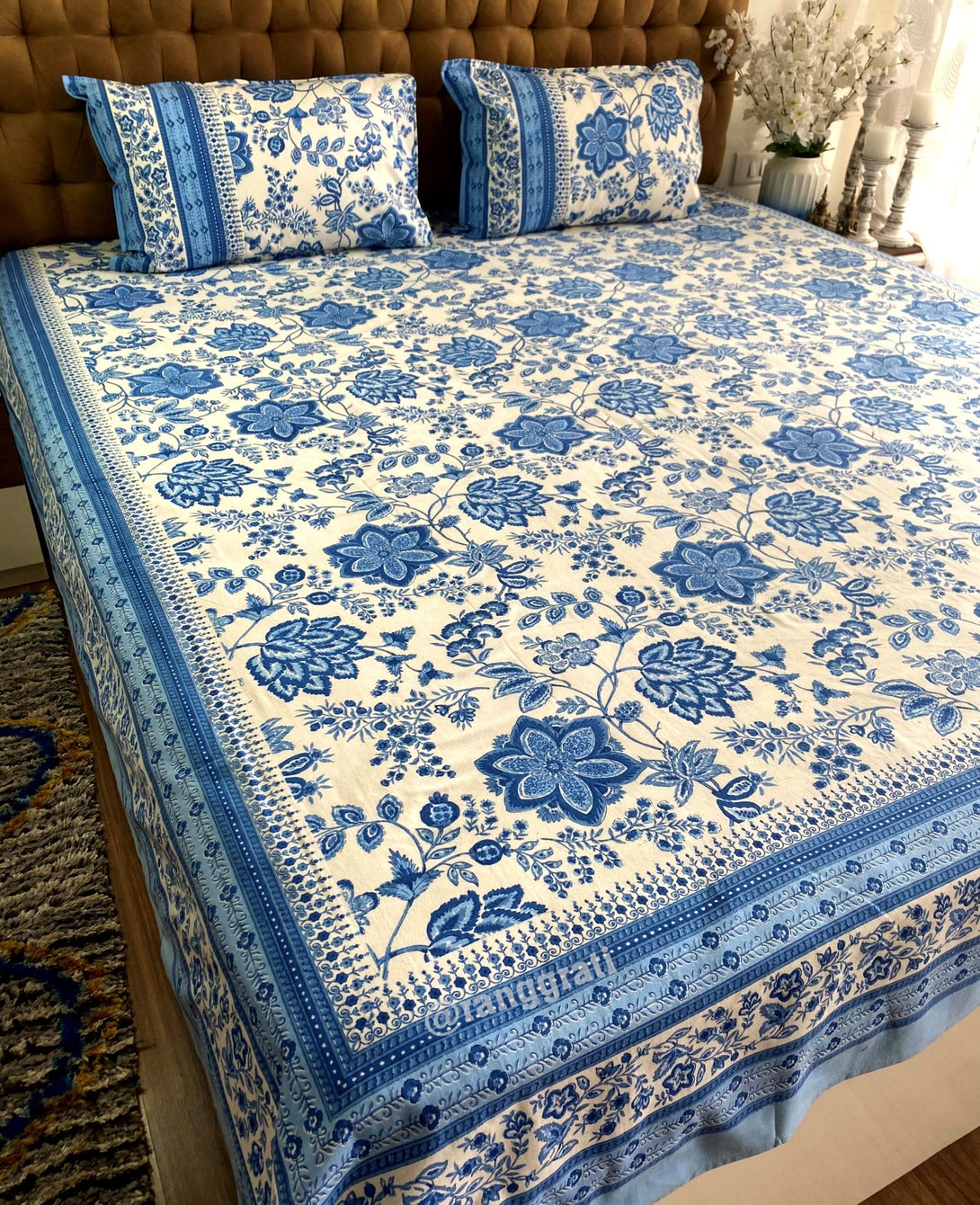 Blue Flax Floral Bedsheet With Dohar Bedding Set - Bedding Set
