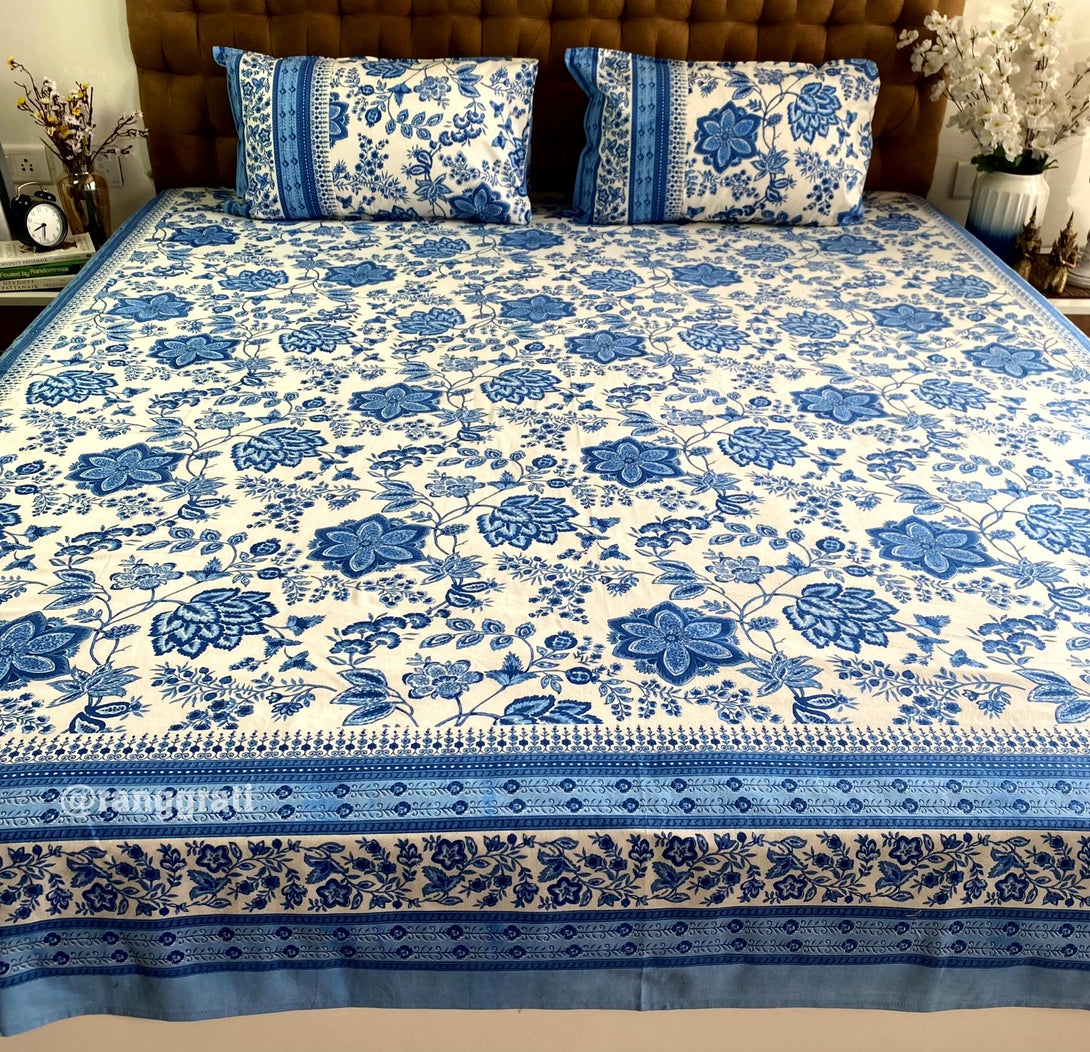 Blue Flax Floral Bedsheet With Dohar Bedding Set - Bedding Set