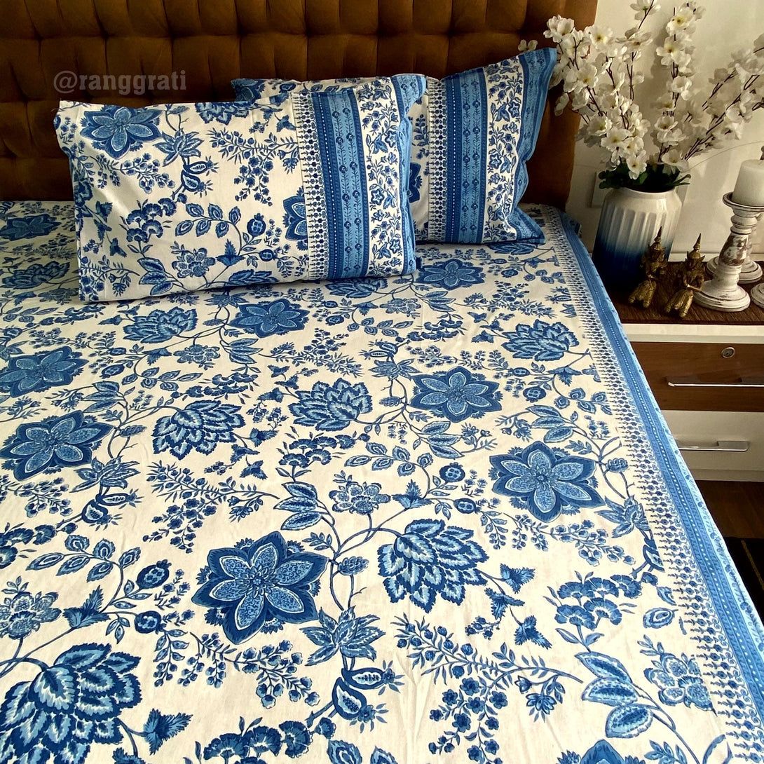 Blue Flax Floral Bedsheet With Dohar Bedding Set - Bedding Set