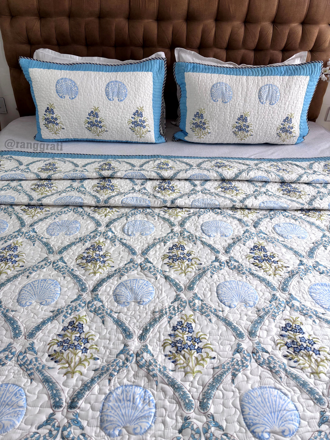 Blue Flax Floral Mulmul Voile Quilted Bedcover 90 X 108