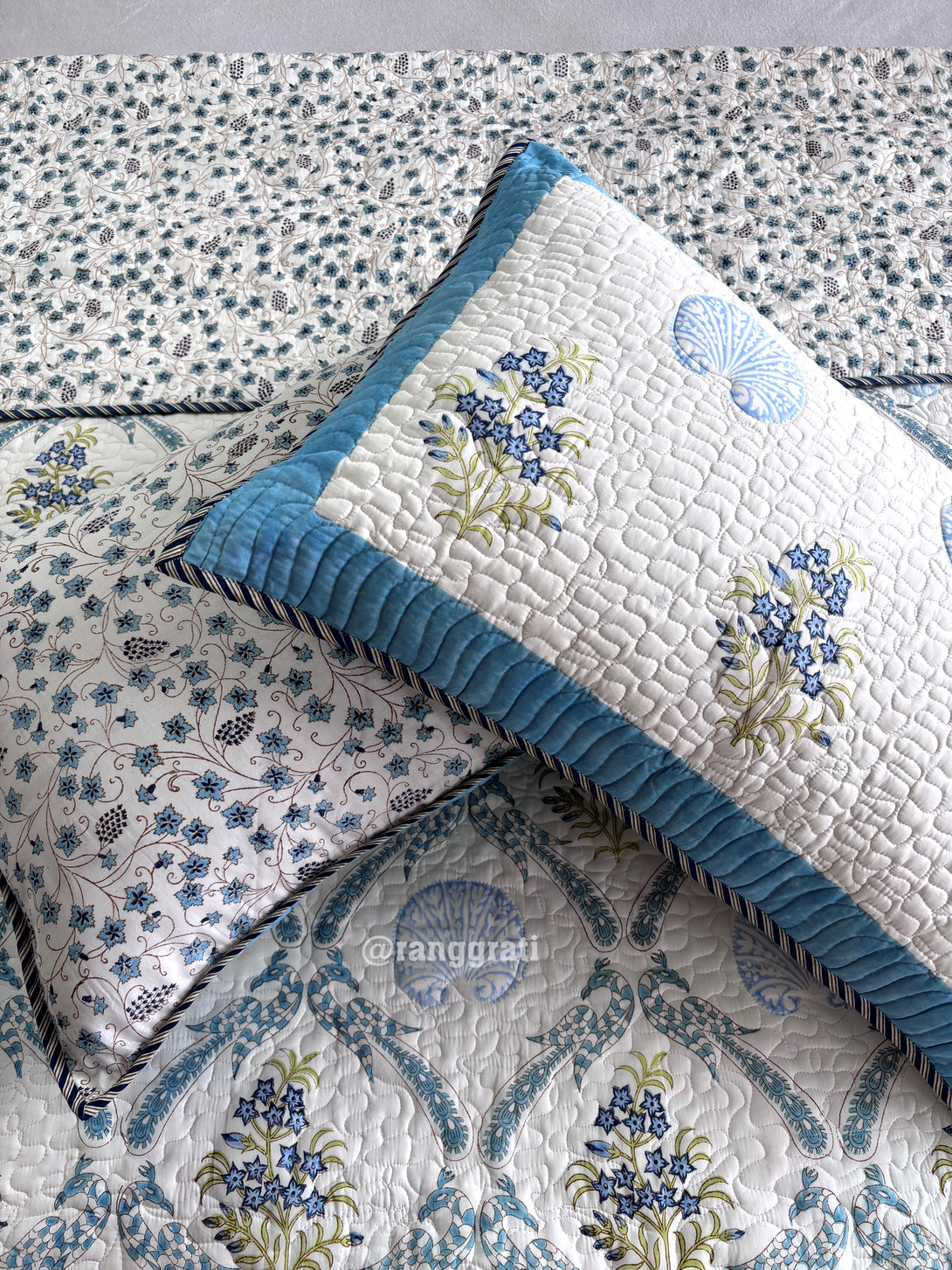 Blue Flax Floral Mulmul Voile Quilted Bedcover 90 X 108 With Pillow Covers