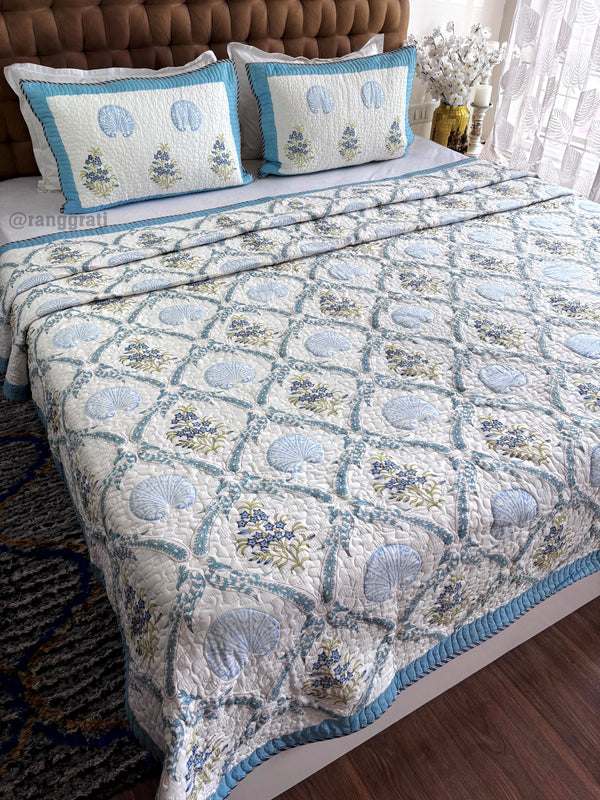 Blue Flax Floral Mulmul Voile Quilted Bedcover King Size