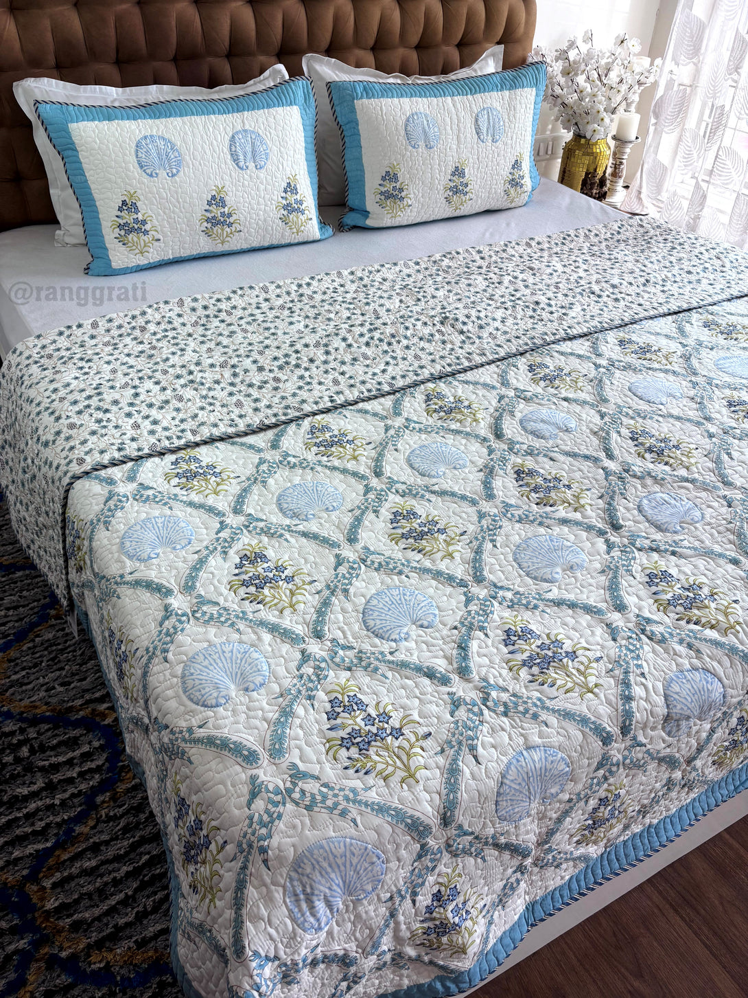Blue Flax Floral Mulmul Voile Quilted Bedcover 90 X 108 Reversible