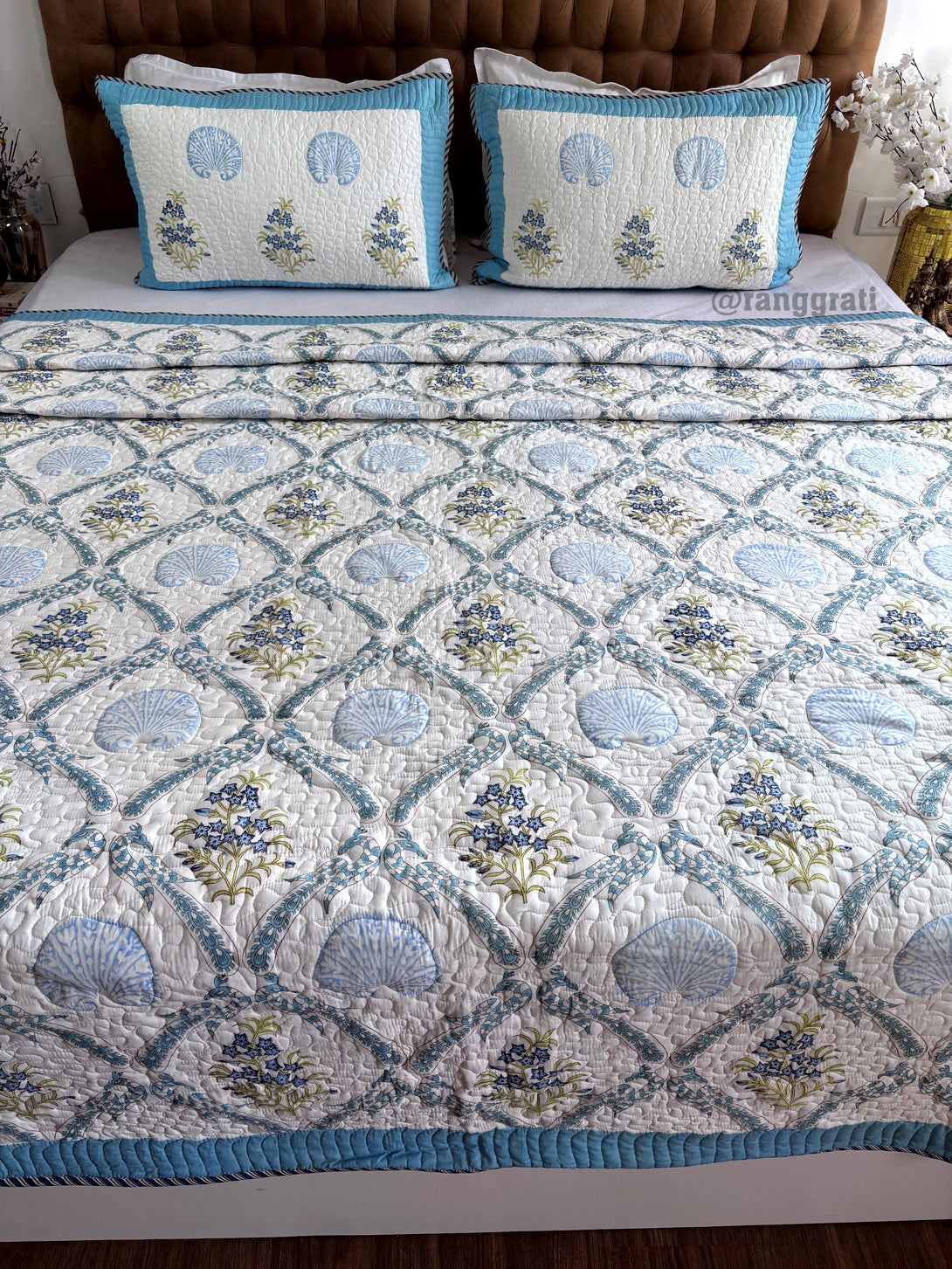 King Size Blue Flax Floral Mulmul Voile Quilted Bedcover 