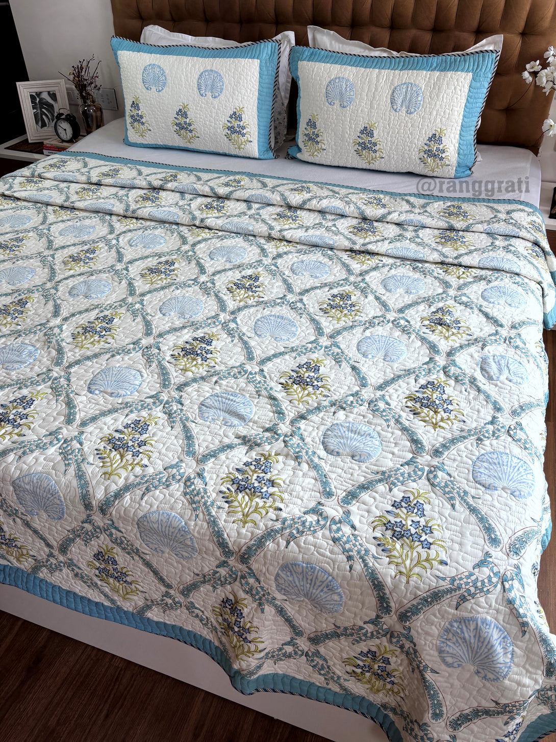 Blue Flax Floral Mulmul Voile King Size Quilted Bedcover 