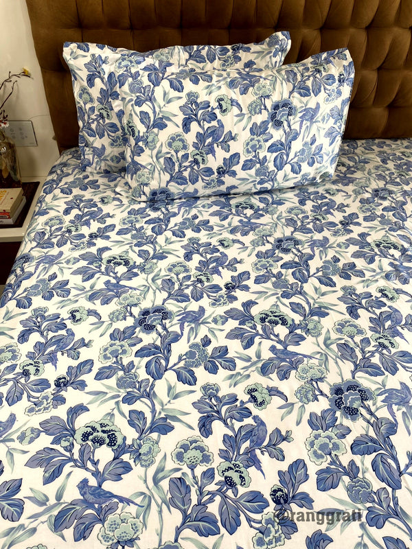 Blue Floral Double Bed Large Size Bedsheet Cotton | 108x108 inches