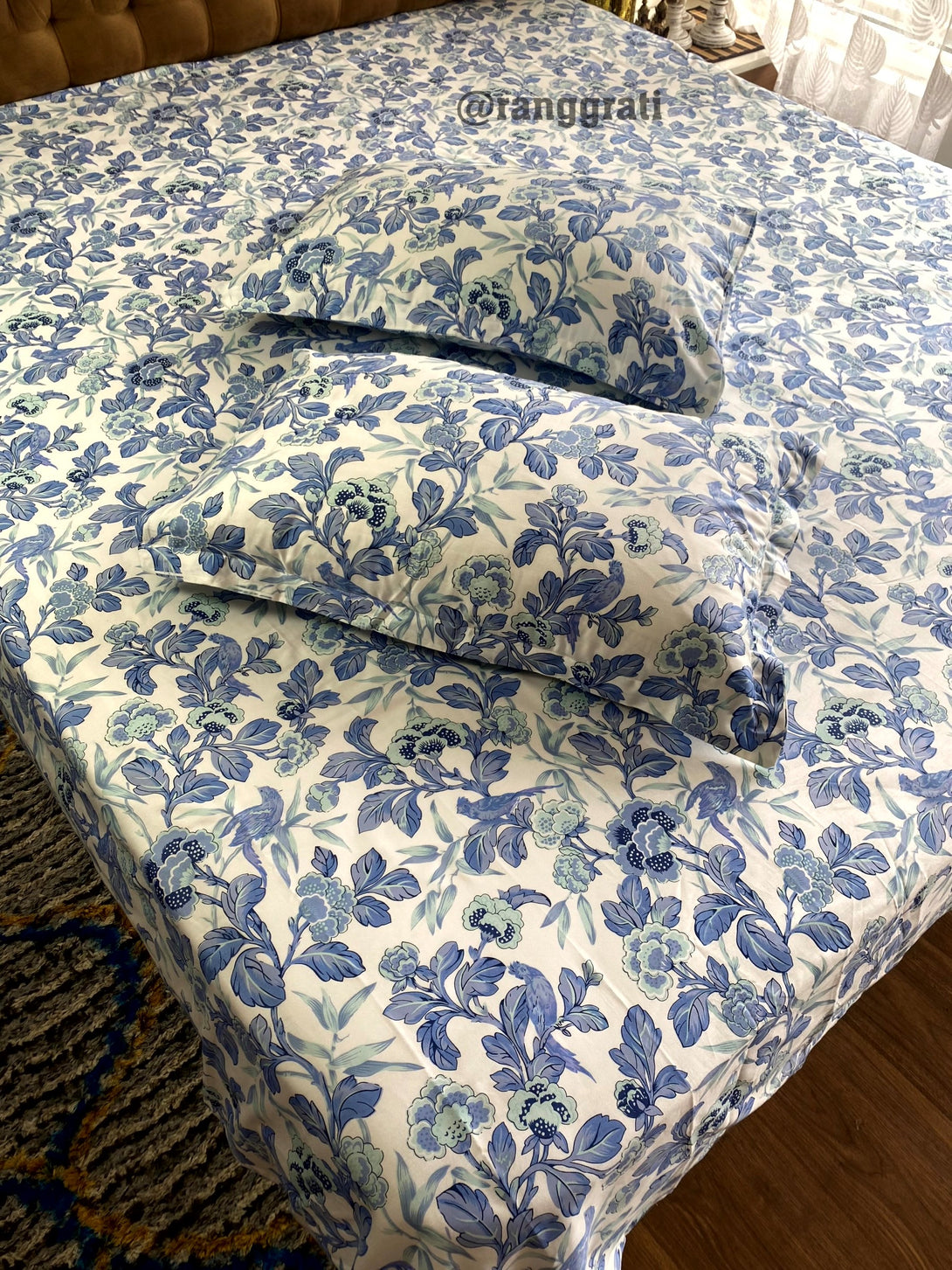 Blue Floral Double Bed Large Size Bedsheet Cotton | 108x108 inches With Pillow Covers