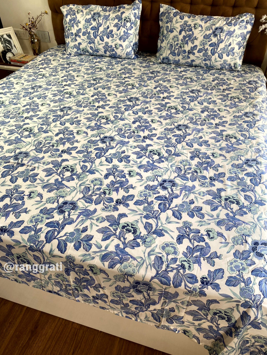 Blue Floral Bedsheet For Double Bed Large Size Cotton