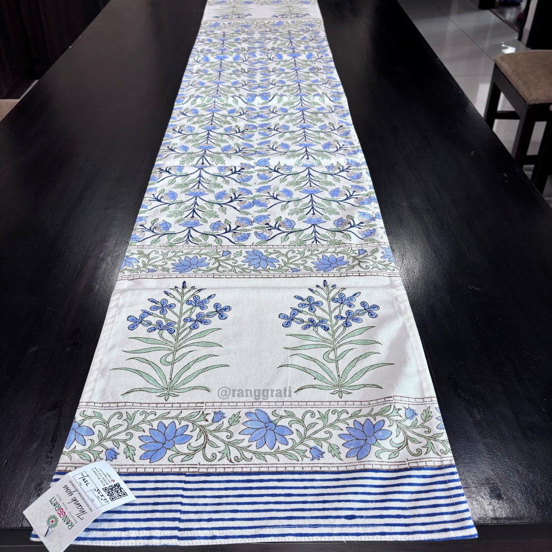 Blue Floral Block Print Cotton Table Runner 6 Seater Dining Table - Table Runner