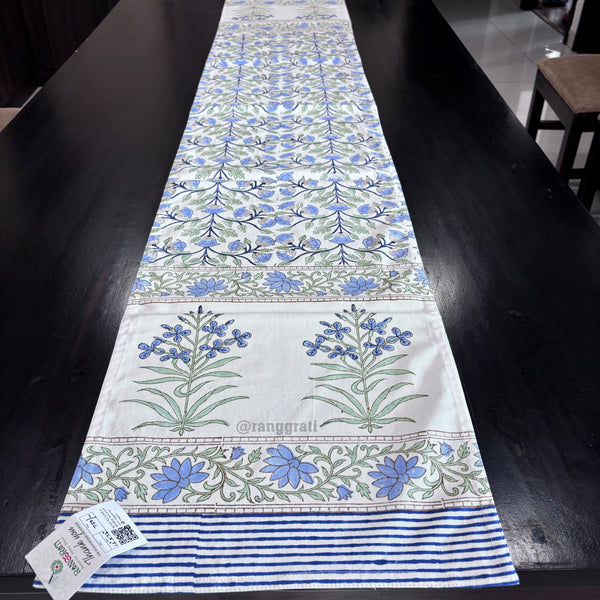 Blue Floral Block Print Cotton Table Runner 6 Seater Dining Table - Table Runner