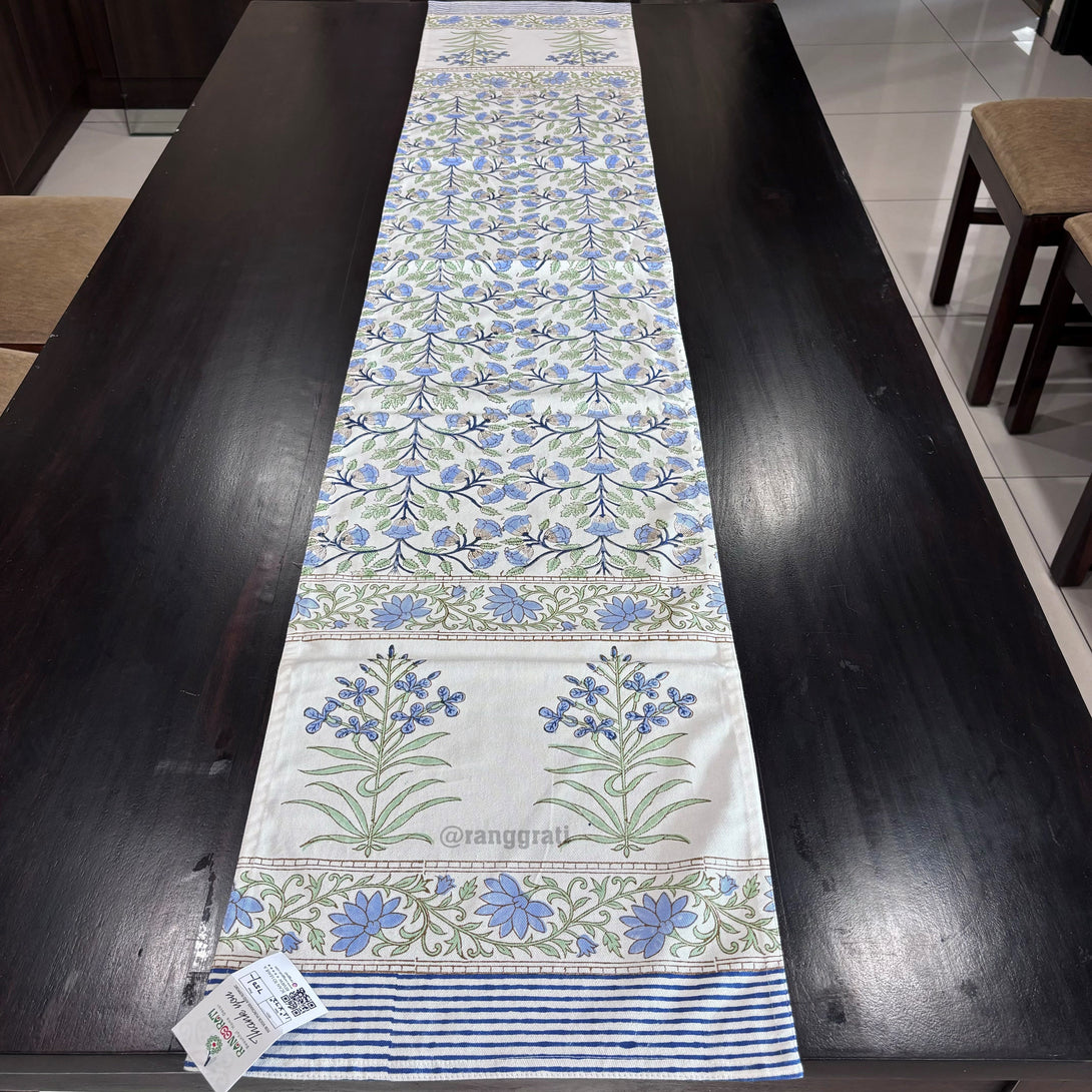 Blue Floral Block Print Cotton Table Runner 6 Seater Dining Table - Table Runner