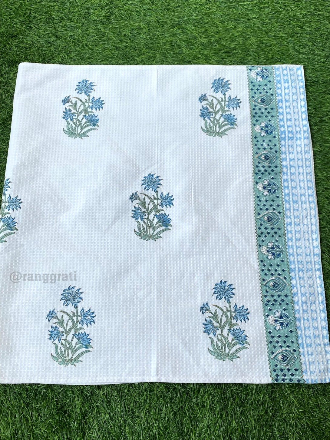 Blue Floral Body Towel Hand Block Printed Pure Cotton - Body Towel
