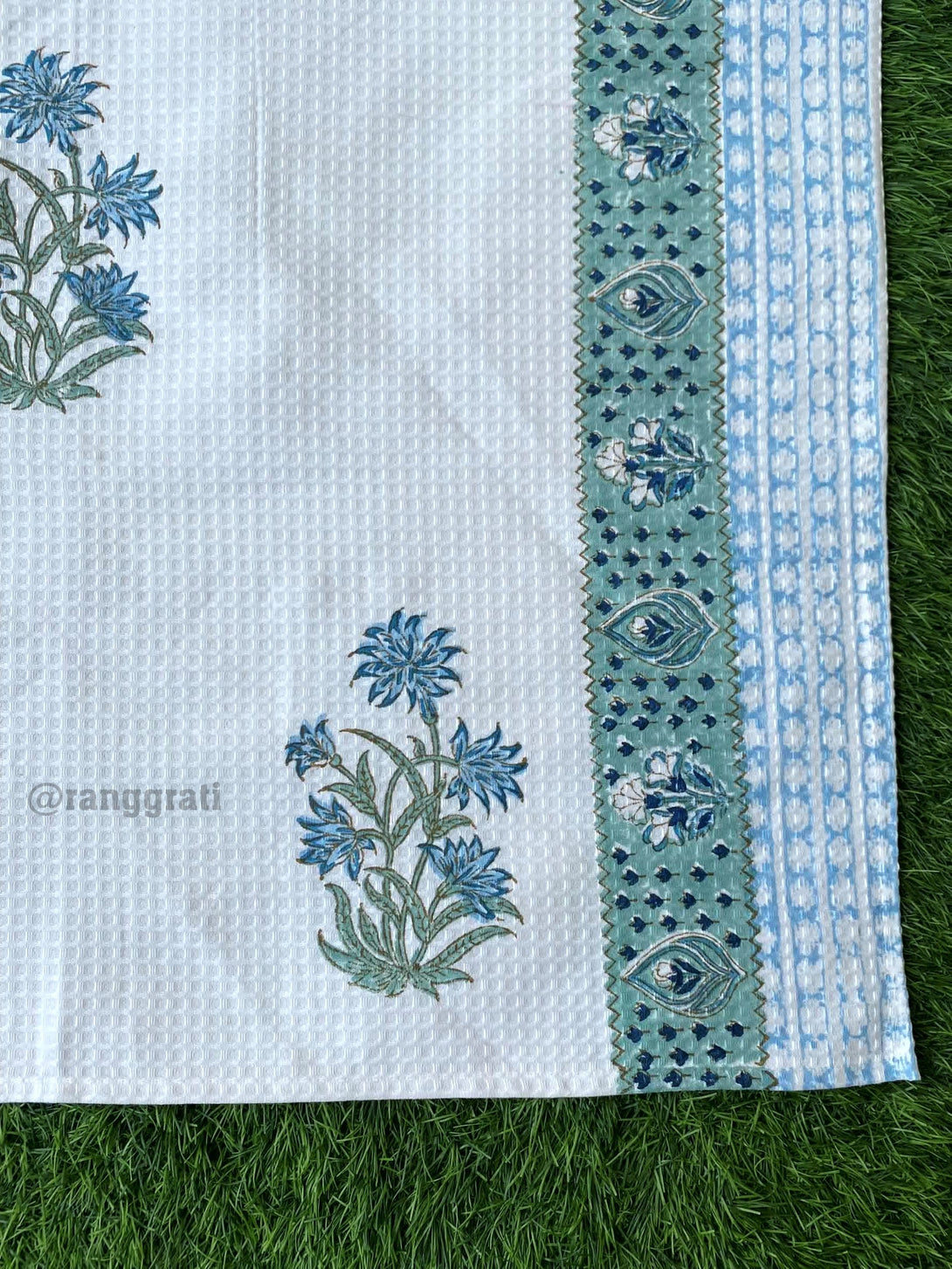 Blue Floral Body Towel Hand Block Printed Pure Cotton - Body Towel