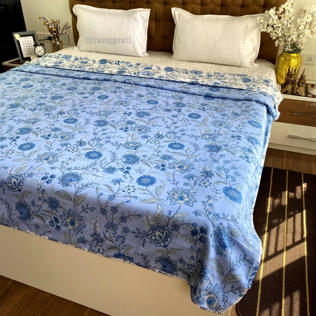 Blue Floral Cotton Dohar For Double Bed AC Quilt - Dohar