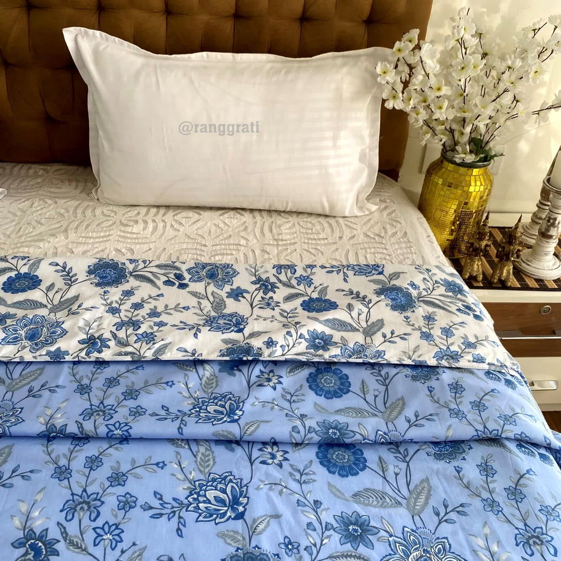 Blue Floral Cotton Dohar For Double Bed AC Quilt - Dohar
