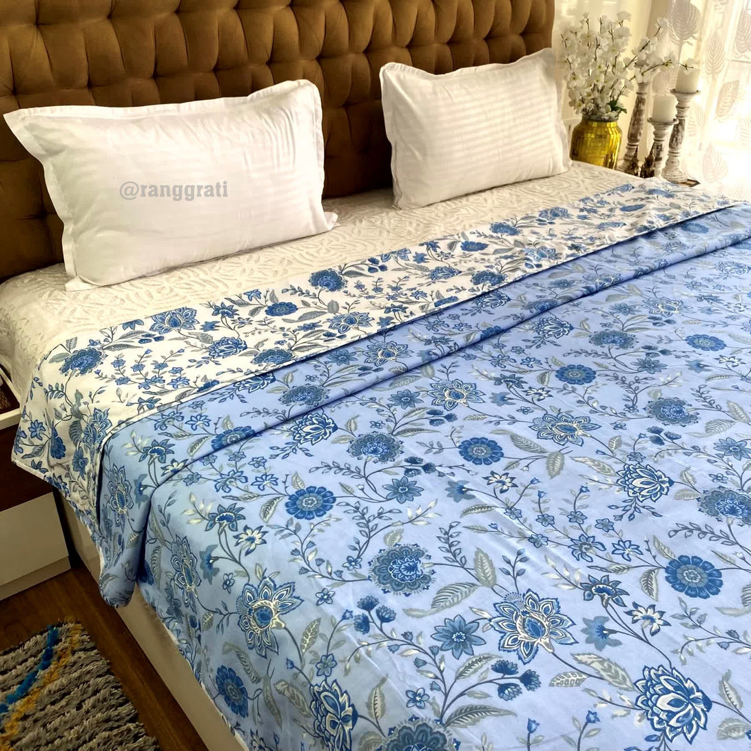Blue Floral Cotton Dohar For Double Bed AC Quilt - Dohar