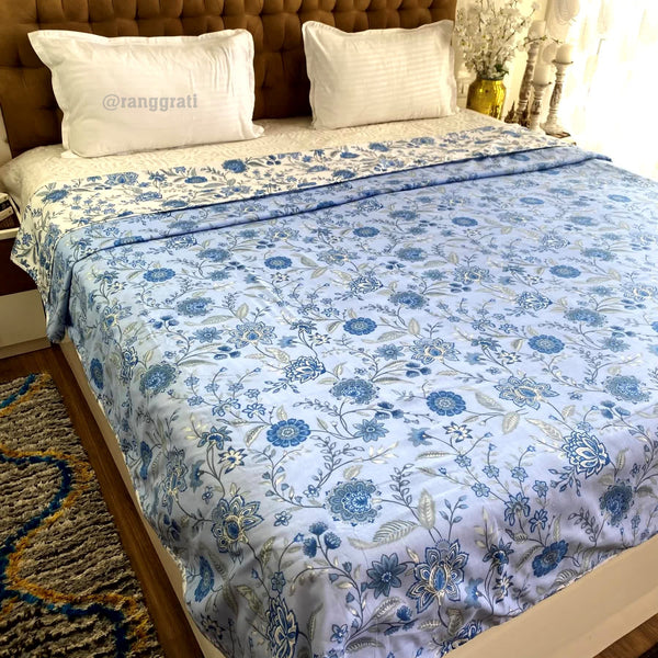 Blue Floral Cotton Dohar For Double Bed AC Quilt - Dohar
