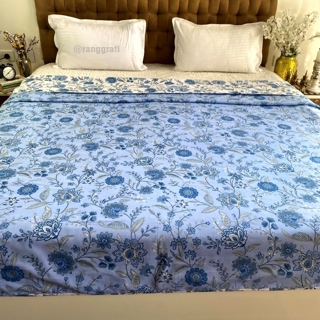 Blue Floral Cotton Dohar For Double Bed AC Quilt - Dohar