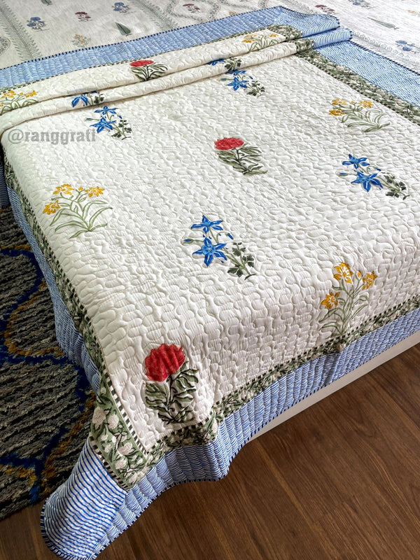 Blue Floral Cotton Jaipuri Quilted Bed Cover For Single Bed - Bedcover