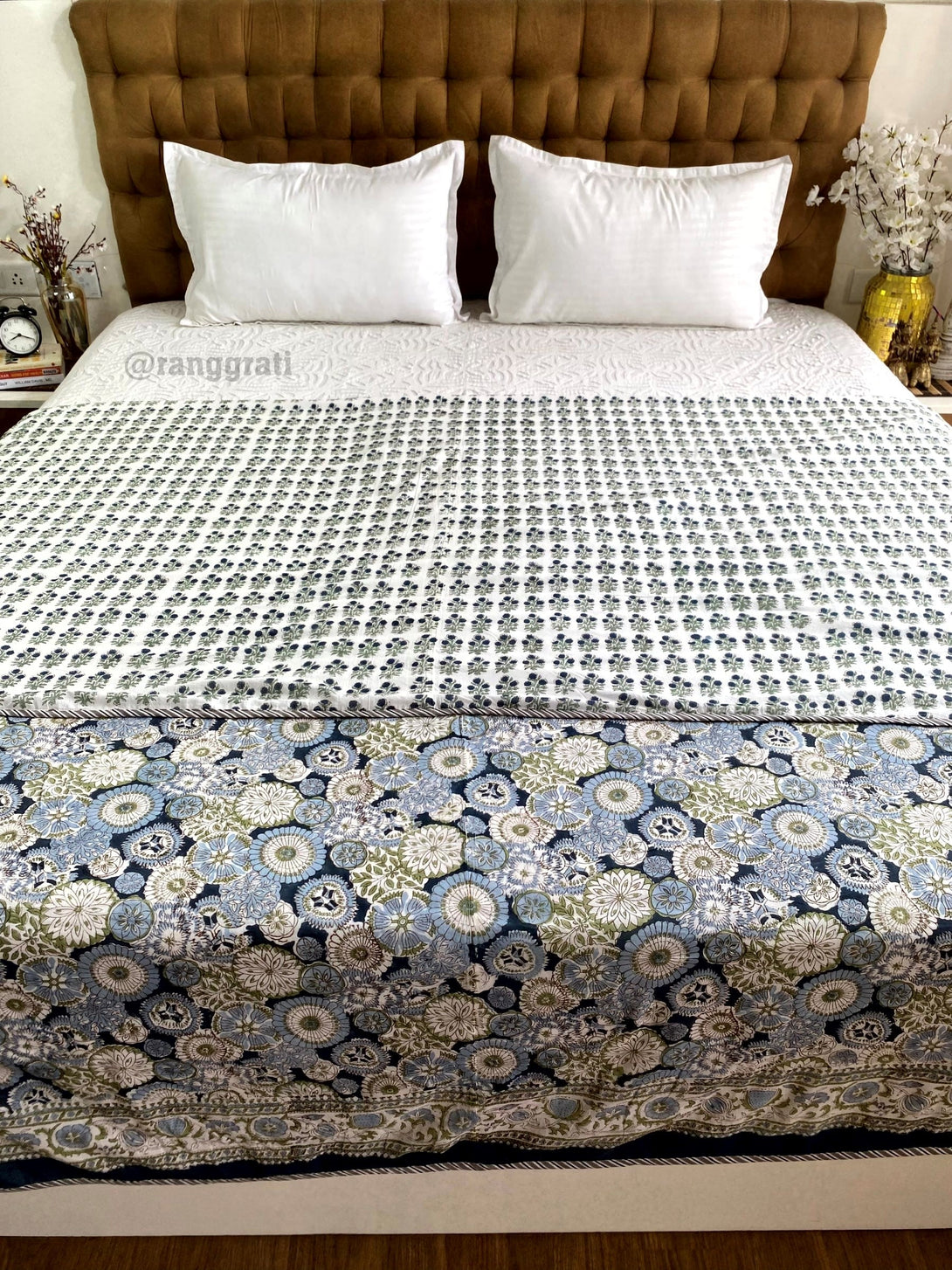 Blue Floral Dohar For Double Bed In Mulmul Cotton For Summer - Dohar