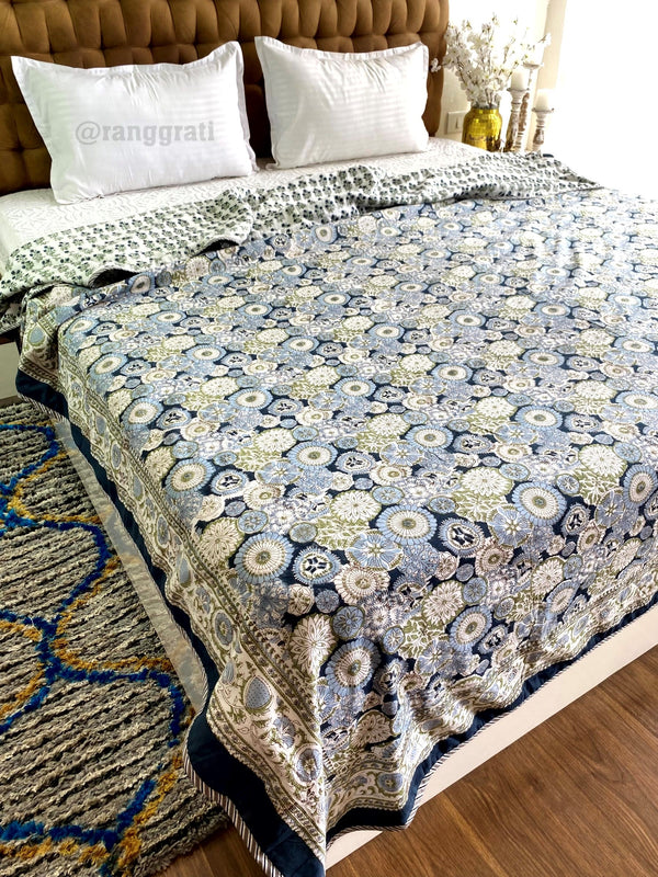 Blue Floral Dohar For Double Bed In Mulmul Cotton For Summer - Dohar