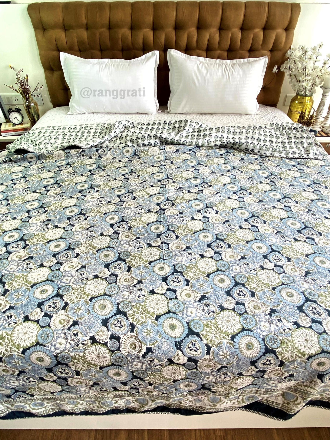 Blue Floral Dohar For Double Bed In Mulmul Cotton For Summer - Dohar