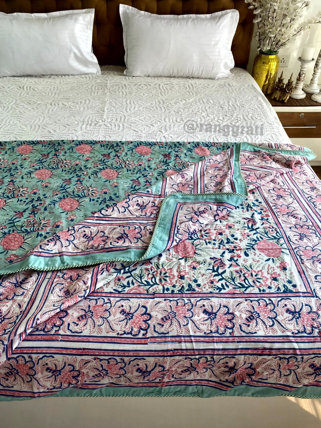 Blue Floral Double Dohar For Double Bed In Mulmul Cotton - Dohar