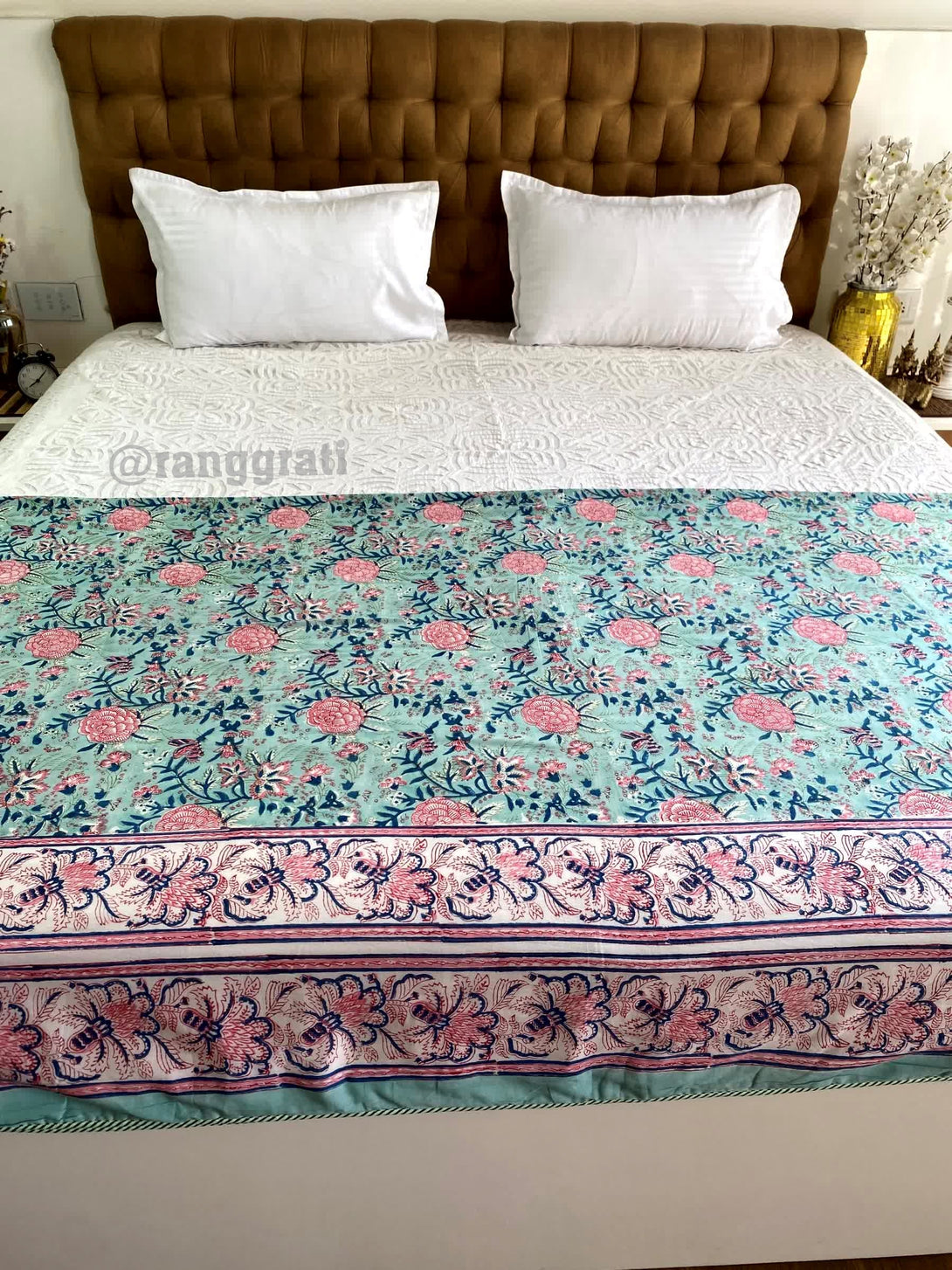Blue Floral Double Dohar For Double Bed In Mulmul Cotton - Dohar