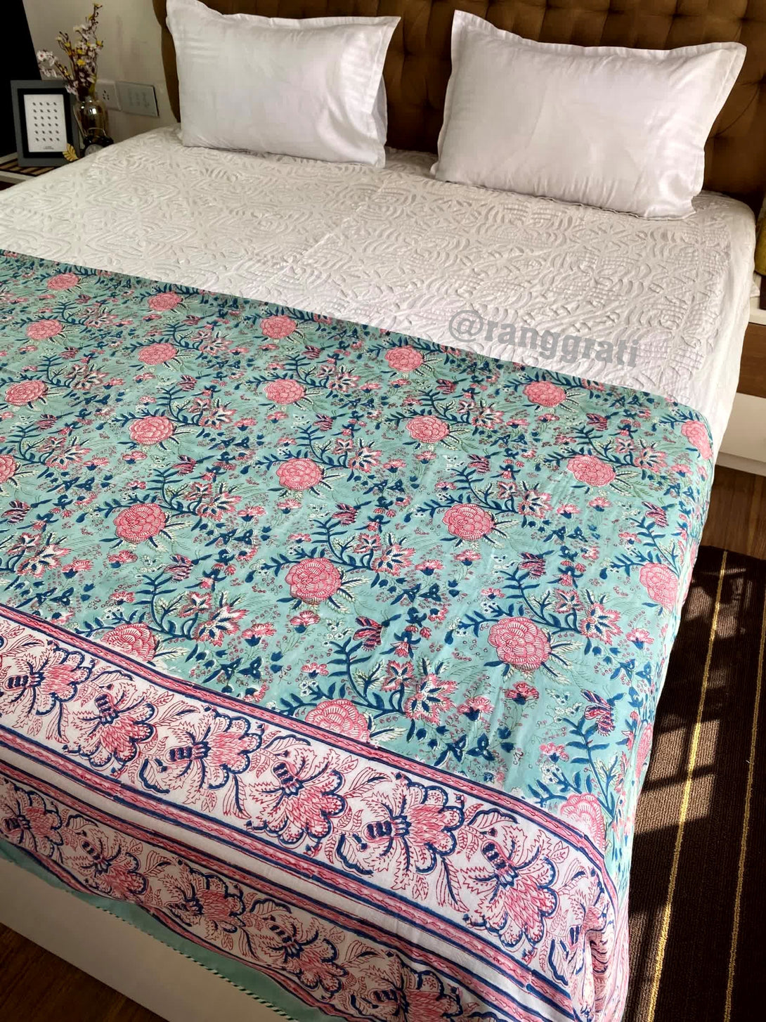 Blue Floral Double Dohar For Double Bed In Mulmul Cotton - Dohar