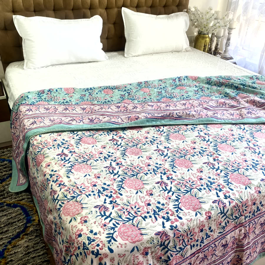 Blue Floral Double Dohar For Double Bed In Mulmul Cotton