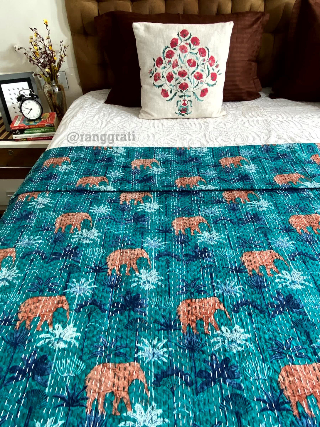 Blue Floral Elephant Kantha Bedcover For Double Bed King Size - Bedcover