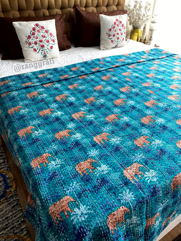 Blue Floral Elephant Kantha Bedcover For Double Bed King Size - Bedcover