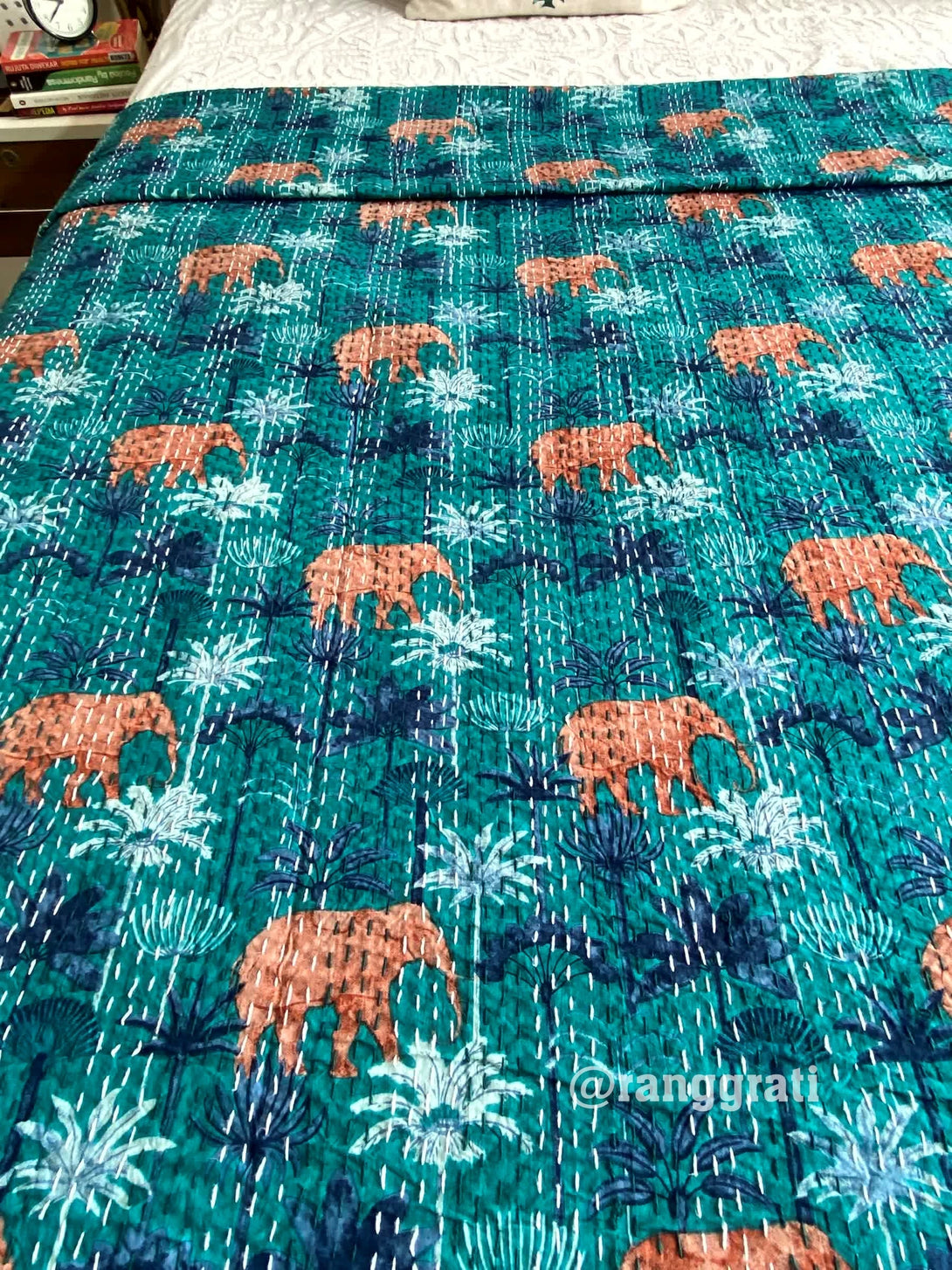 Blue Floral Elephant Kantha Bedcover For Double Bed King Size - Bedcover