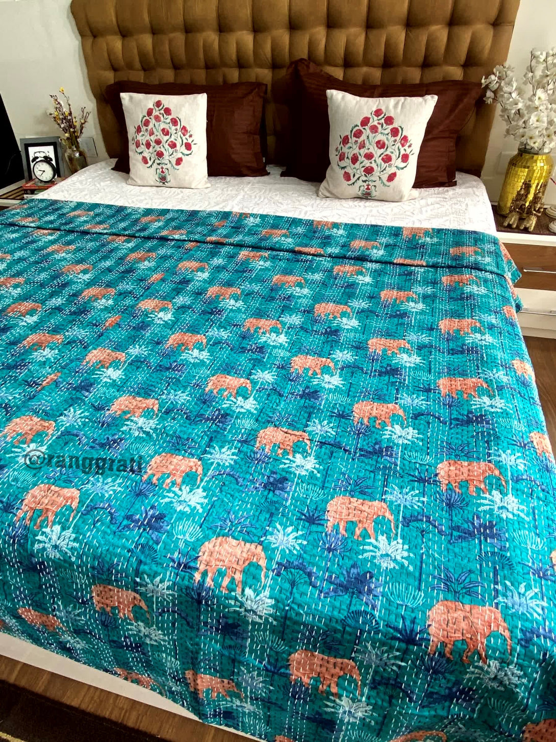 Blue Floral Elephant Kantha Bedcover For Double Bed King Size - Bedcover