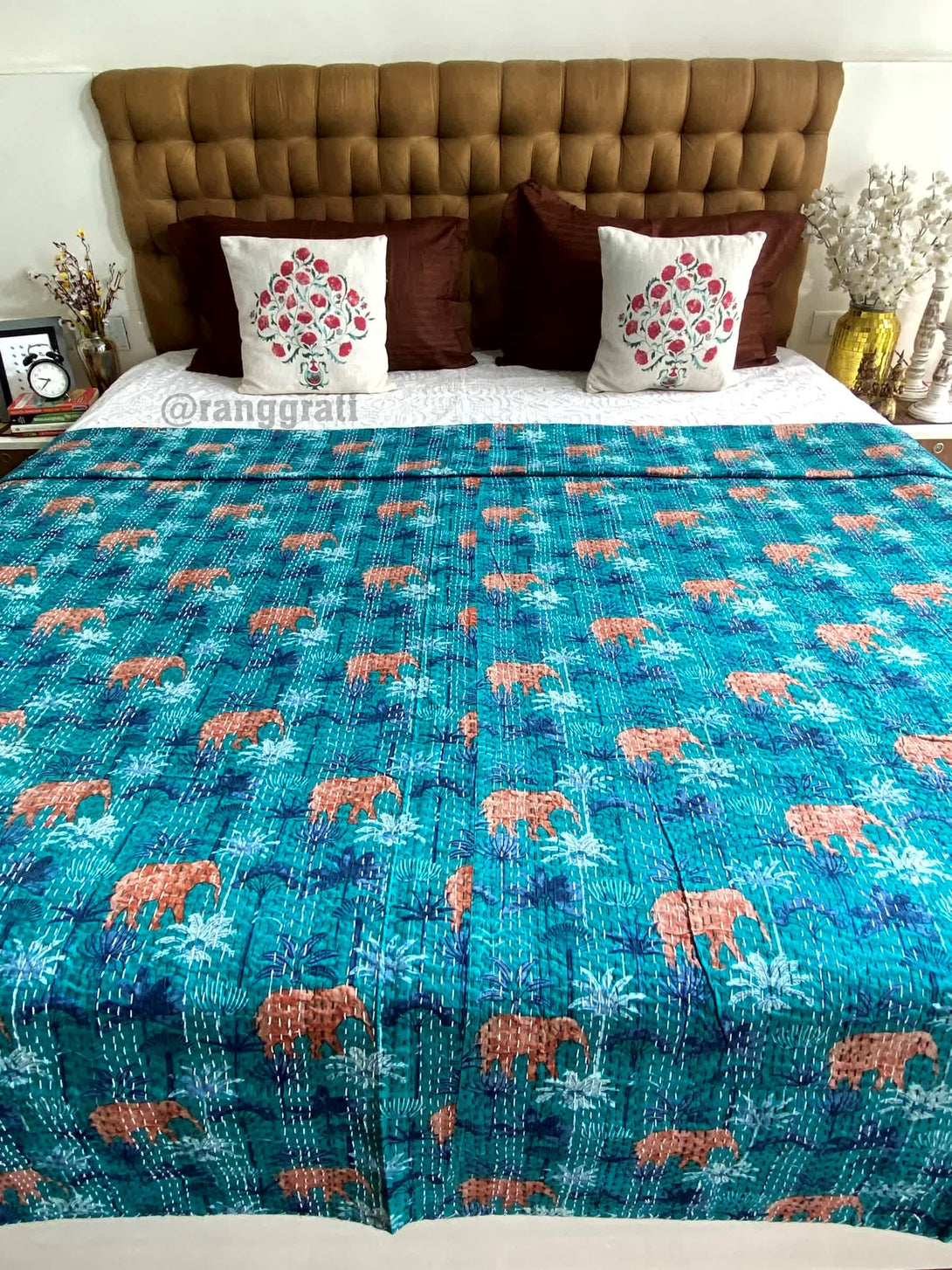 Blue Floral Elephant Kantha Bedcover For Double Bed King Size - Bedcover