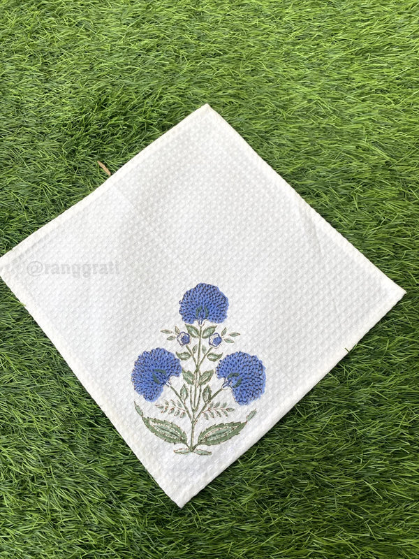 Blue Floral Face Towel Hand Block Printed Pure Cotton - Face Towel