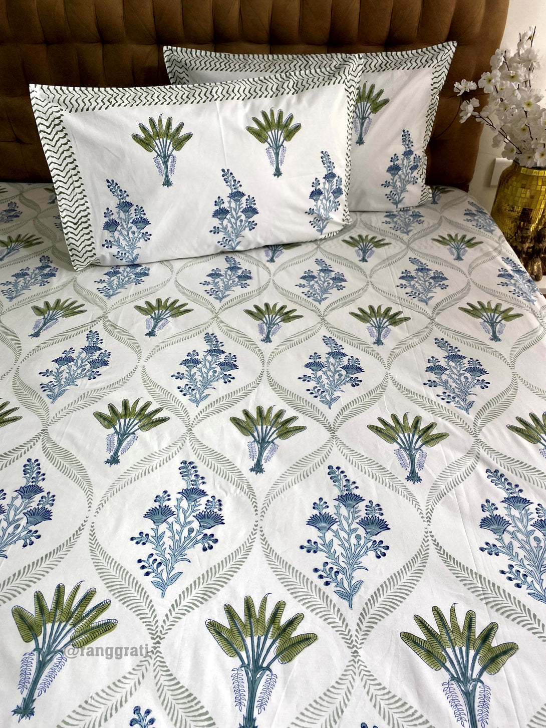 Blue Floral Green Fern Hand Block Cotton King Size Bedsheet