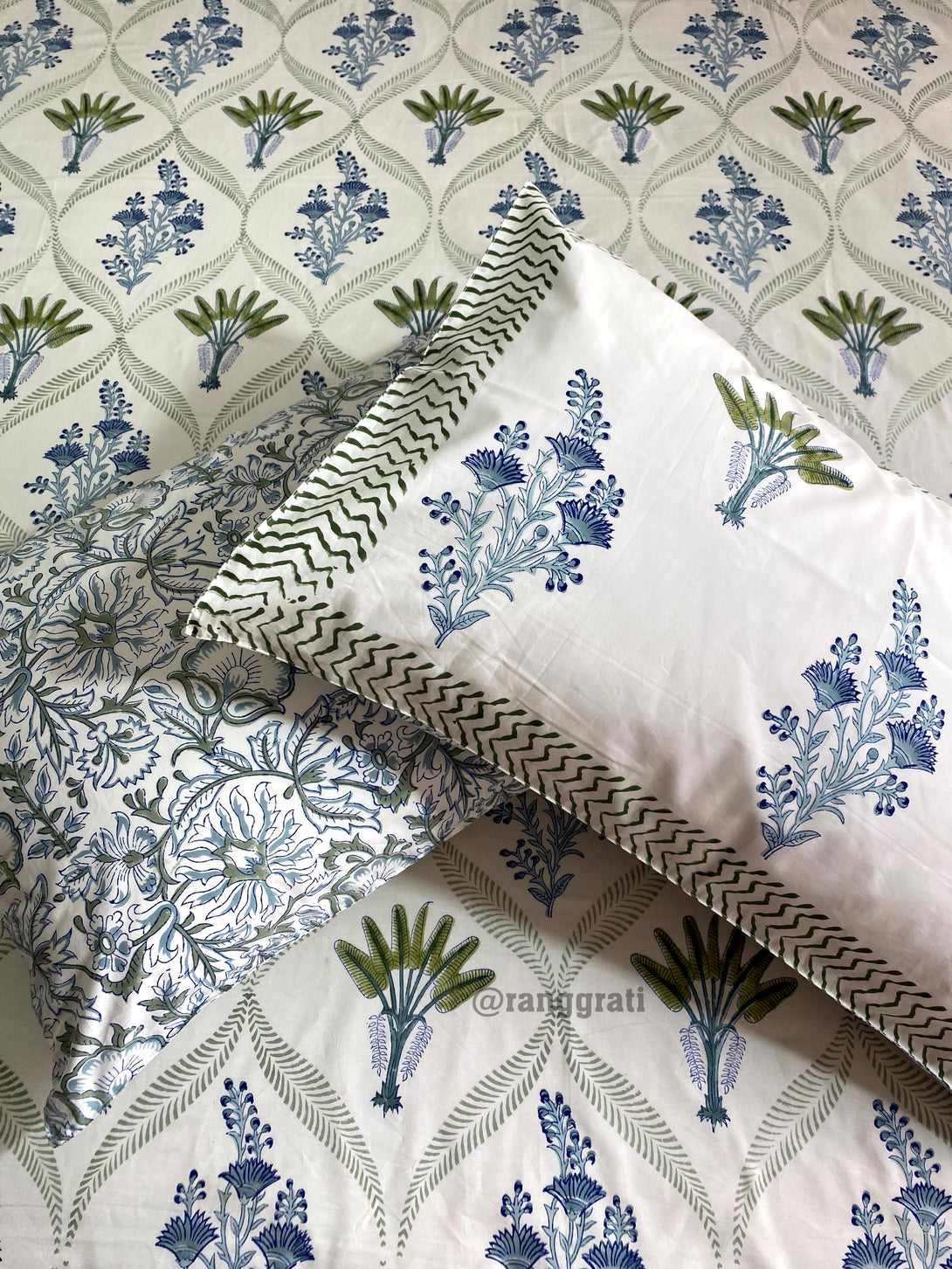 Blue Floral Green Fern Hand Block Cotton King Size Bedsheet With Pillow Covers