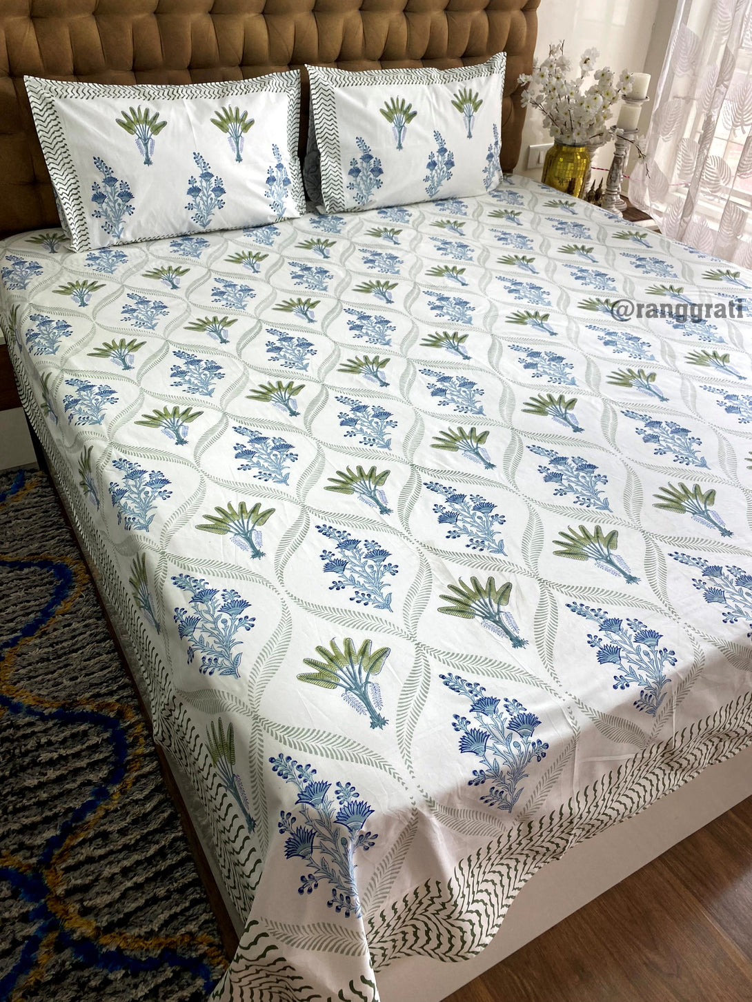 Blue Floral Green Fern Hand Block Cotton Bedsheet King Size