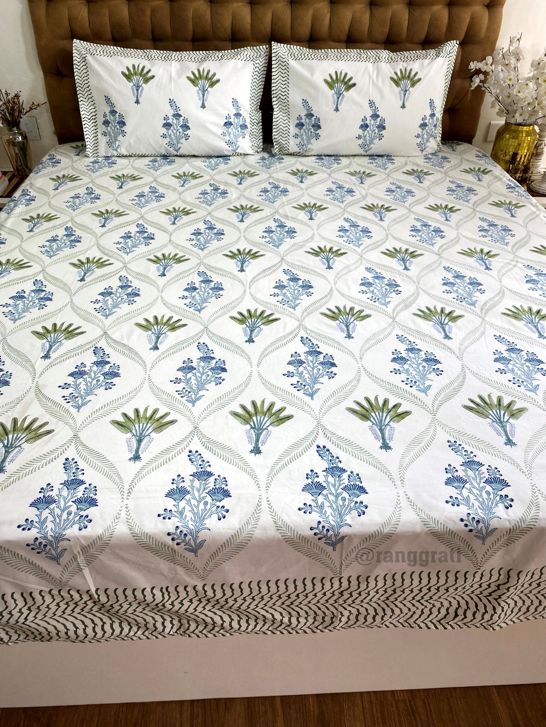 King Size Blue Floral Green Fern Hand Block Cotton Bedsheet