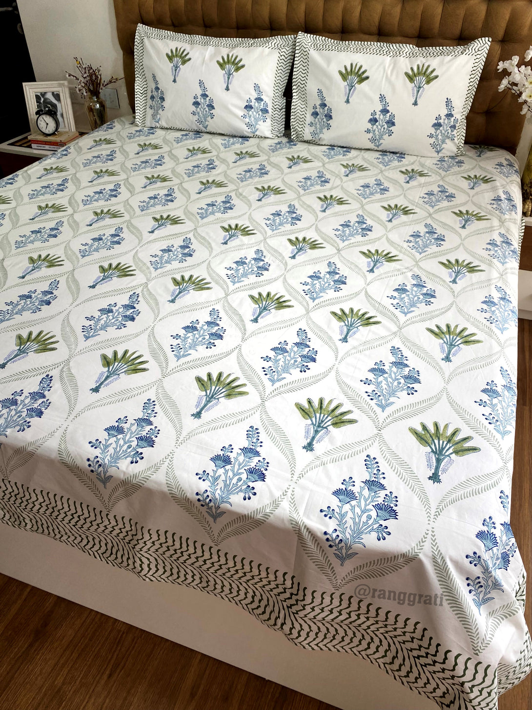 Cotton Blue Floral Green Fern Hand Block King Size Bedsheet