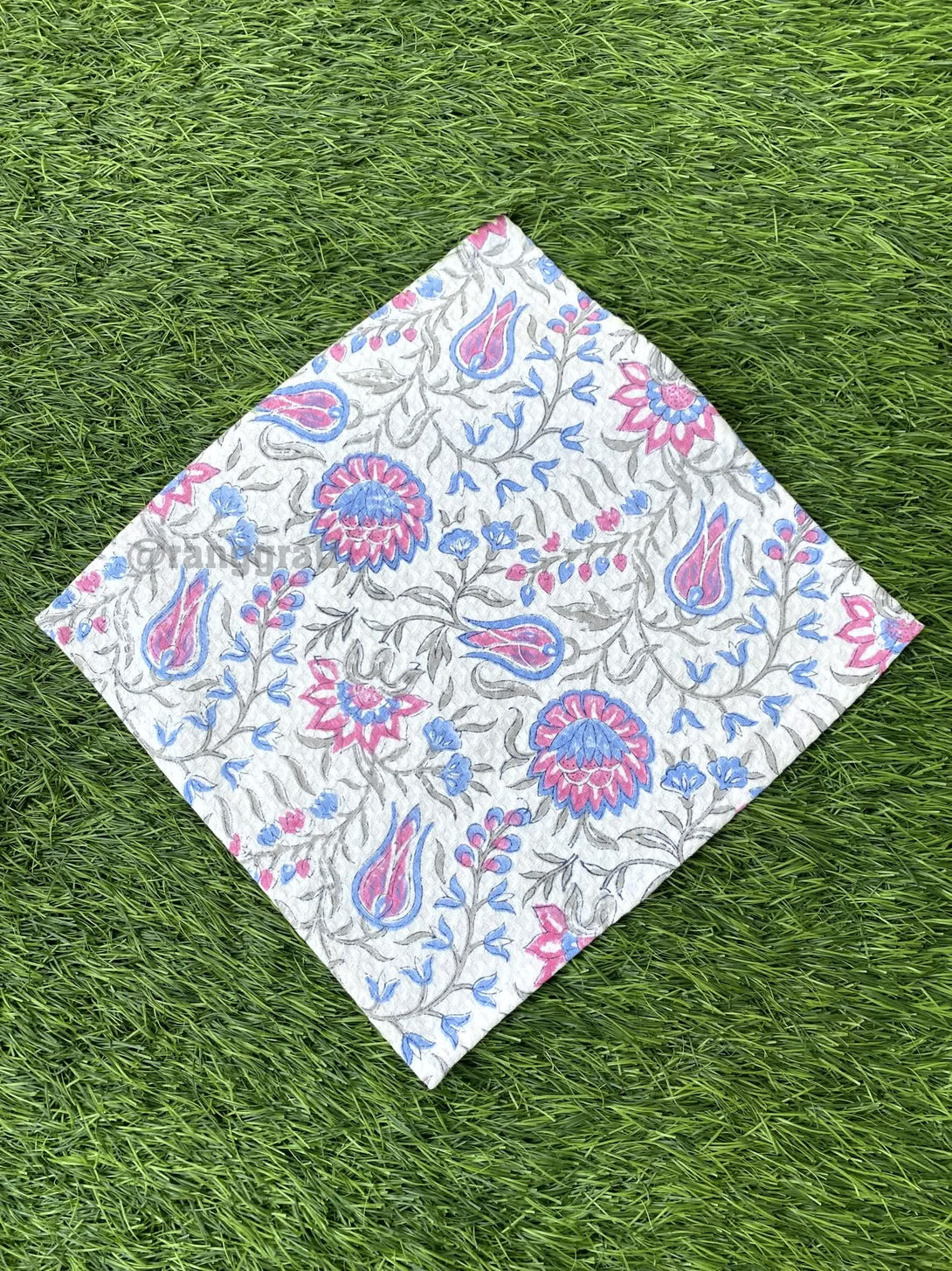 Blue Floral Jaal Face Towel Hand Block Printed Pure Cotton - Face Towel